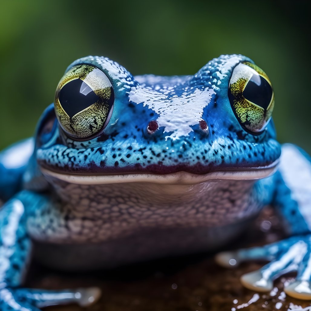 Mehr über den Artikel erfahren A bluish frog looks into the camera and is photographed while squinting