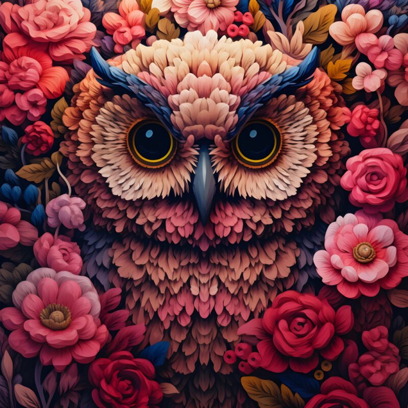 Mehr über den Artikel erfahren a painting of an owl with large eyes in front of flowers