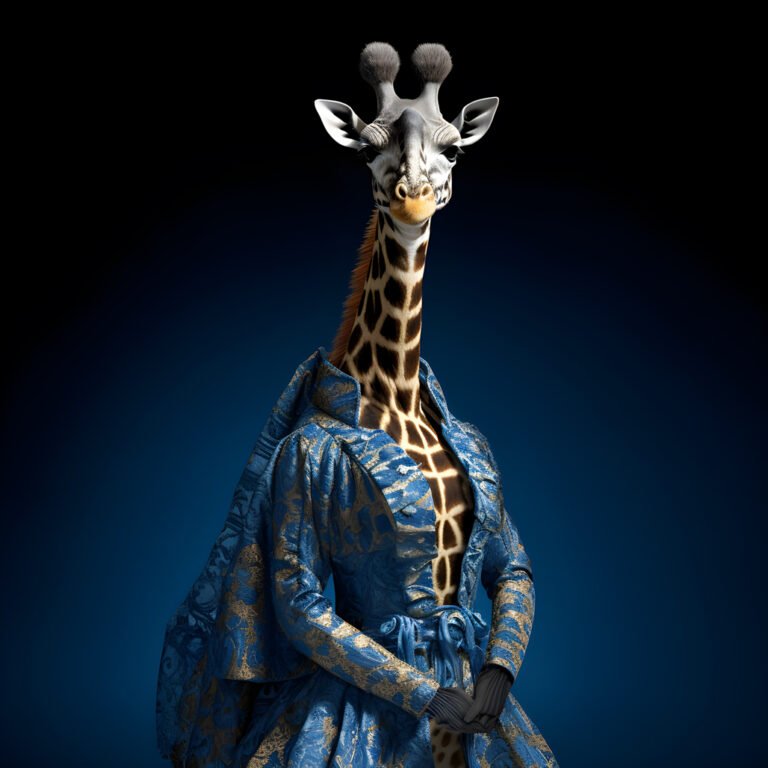 Front view of a whole body figure of a gorgeous giraffe wearing an impressive medieval haute couture valentino