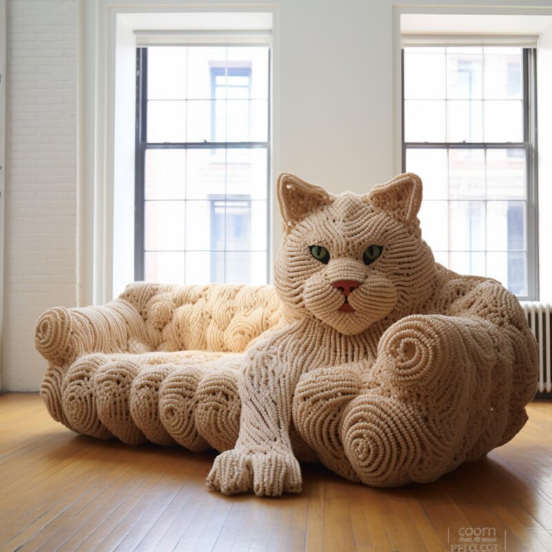 Mehr über den Artikel erfahren a huge crocheted cat in a realistic living room