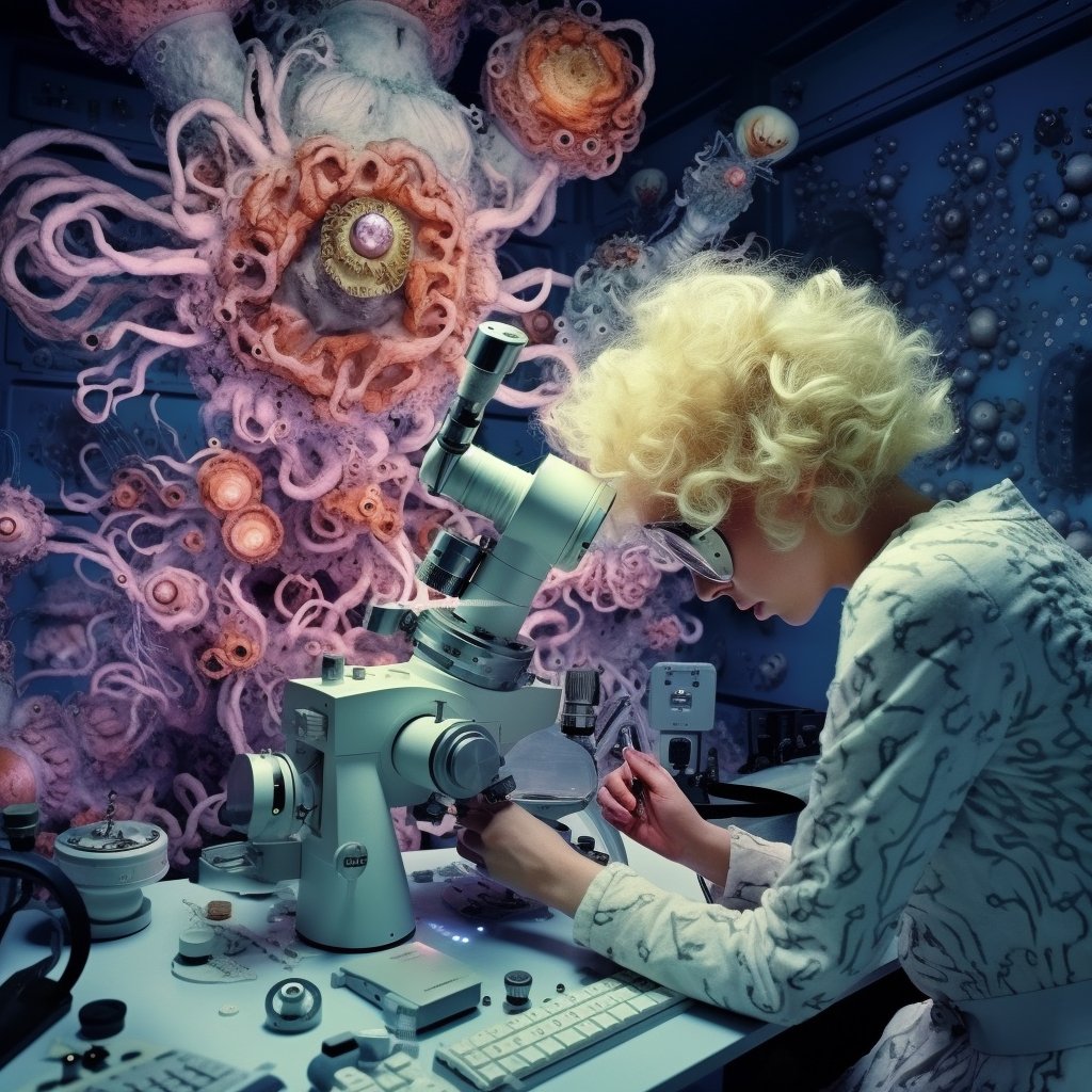 Mehr über den Artikel erfahren Super-Resolution Electron Microscope Shot of Woman im künstlerischen Stil von von David LaChapelle