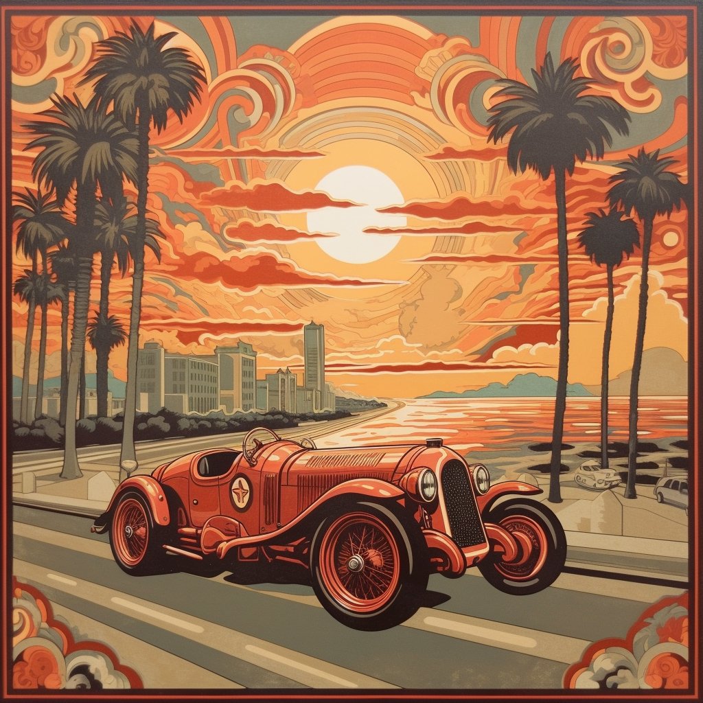 Mehr über den Artikel erfahren schönes, elegantes, minimalistisches, gestepptes Meisterwerk im künstlerischen Stil von von Shepard Fairey::1 zum Gedenken an den Grand Prix von Monaco 1940, historische Rennwagen, die gegeneinander antreten.