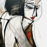 Expressives Porträt einer Frau, schwarze Linien, rote Lippen, blaue Augen | Expressive female portrait, black lines, red lips, blue eyes, abstract style