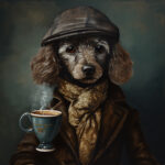 Gemälde: Pudel mit Flatcap, Goldschal und Mantel hält dampfende Kaffeetasse | Painting: Poodle wearing flat cap, gold scarf and coat holding steaming coffee cup