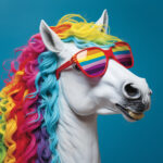 Weißes Pferd mit regenbogenfarbener Mähne und roten Sonnenbrille vor blauem Hintergrund | White horse with rainbow mane and red sunglasses on blue background