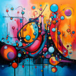 Abstraktes Gemälde mit bunten Kreisen, schwarzen Linien und lebhaften Farben | Abstract painting with colorful circles, black lines and vibrant colors