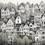 Detaillierte Schwarz-Weiß-Zeichnung dichter Stadthäuser mit kahlen Bäumen | Detailed black-and-white drawing of densely packed town houses with bare trees