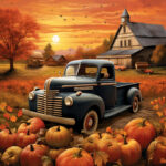 Vintage blauer Pick-up-Truck auf Kürbisfeld vor Scheune im Herbstsonnenuntergang | Vintage blue pickup truck on pumpkin field before barn in autumn sunset
