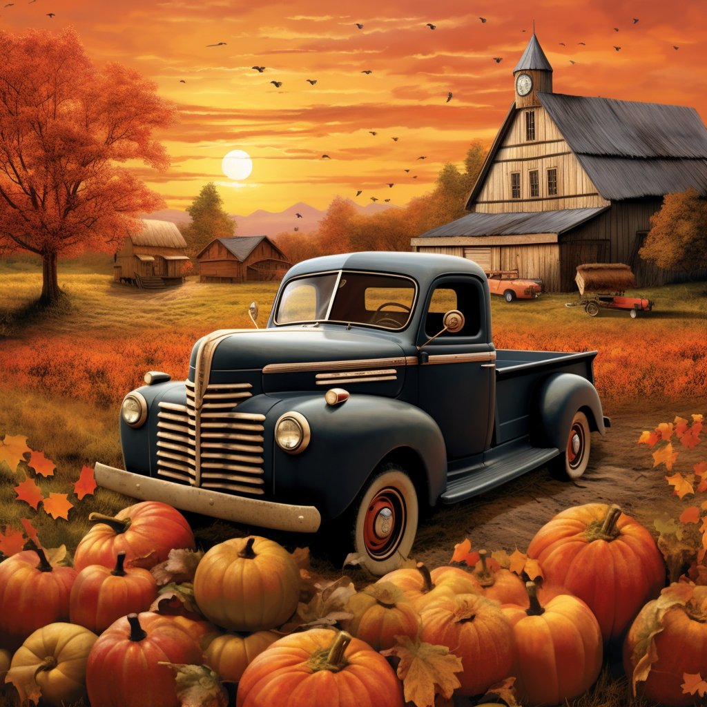 Du betrachtest gerade ein Oldtimer-Pickup-Truck an einem Herbst-Sonnenuntergang-Abend