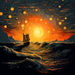 Segelschiff-Silhouette auf stürmischem Meer unter wirbelndem Sternenhimmel in Orange | Sailing ship silhouette on stormy sea beneath swirling starry sky in orange tones