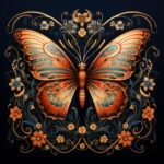 Symmetrischer Schmetterling in Orange-Blau mit goldenen Jugendstil-Ornamenten und Blüten | Symmetric butterfly in orange-blue with golden Art Nouveau ornaments and flowers