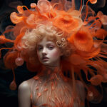 Surreales Portrait: Frau mit lockigem Haar, umgeben von orangefarbenen Pilzen und Tentakeln | Surreal portrait: woman with curly hair surrounded by orange mushrooms and translucent tentacles