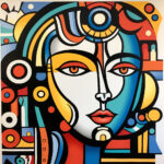 Kubistisches Frauenporträt mit geometrischen Formen in Rot, Blau und Gelb | Cubist female portrait with geometric shapes in red, blue and yellow
