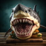 Digitale Kunst: Hai mit geöffnetem Maul beißt in Burger auf Holzbrett | Digital art: shark with open jaw biting into burger on wooden board