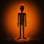 Schwarze menschliche Silhouette mit chaotischen Linien, orangem Leuchten | Black human silhouette with chaotic lines, glowing orange background