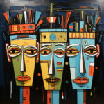 Drei abstrakte Maskengesichter in Blau, Gelb, Grün mit geometrischen Kopfschmuck | Three abstract mask faces in blue, yellow, green with geometric headdresses
