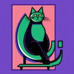 Stilisierte schwarze Katze mit grünem Fell sitzt auf Bank, violett-rosa Hintergrund | Stylized black cat with green fur sits on bench, purple-pink background