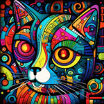 Psychedelisches Katzenporträt mit leuchtenden Farben, Spiralen und geometrischen Mustern | Psychedelic cat portrait with vivid colors, spirals and geometric patterns