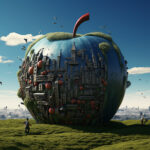 Surrealer Riesenapfel mit eingravierten Stadtgebäuden auf grüner Wiese | Surreal giant apple engraved with city buildings standing on green meadow