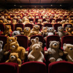 Hunderte Teddybären sitzen dicht gedrängt in roten Kinosessel-Reihen | Hundreds of teddy bears densely packed in rows of red cinema seats