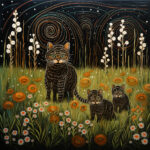Gestreifte Katze mit zwei Kätzchen in Blumenwiese, Sternenwirbel-Nacht | Striped cat with two kittens in flower meadow, swirling starry night
