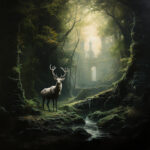 Stolzer Hirsch mit Geweih in mystischem Wald, Ruinen und Bach im Nebellicht | Proud stag with antlers in mystical forest, ruins and stream in misty light