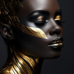 Frauengesicht mit goldenem Art-Deco-Make-up, schwarzen Lippen und geometrischen Goldmustern | Woman's face with golden Art Deco makeup, black lips and geometric gold patterns