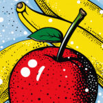 Roter Apfel und gelbe Banane im Pop-Art-Stil mit Halbtonpunkten | Red apple and yellow banana in pop art style with halftone dots