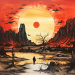 Einsame Silhouette in apokalyptischer Landschaft, riesige Sonne, Fledermäuse, kahle Bäume | Lone silhouette in apocalyptic landscape, giant sun, bats, bare trees, red sky