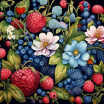 Botanische Illustration: Himbeeren, Heidelbeeren, Brombeeren und Blüten auf Dunkelblau | Botanical illustration: raspberries, blueberries, blackberries and flowers on dark blue