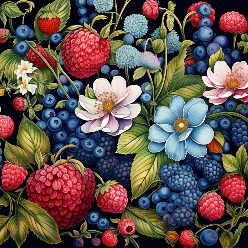 Mehr über den Artikel erfahren illustratives Muster, mit Blumen, Blaubeeren, Himbeeren