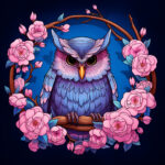 Lila Eule auf Ast, umrahmt von rosa Rosen und Kirschblüten, blauer Hintergrund | Purple owl on branch, framed by pink roses and cherry blossoms, blue background