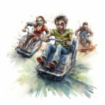 Drei blutverschmierte Zombies rasen wild grinsend in Achterbahn-Wagen, Aquarell | Three blood-stained zombies racing wildly grinning in roller coaster cars, watercolor
