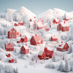 3D-Weihnachtsdorf mit roten Häusern, schneebedeckten Tannen und Bergen | 3D Christmas village with red houses, snow-covered firs and mountains