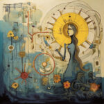 Abstrakte Frau mit goldenem Sonnenhalo, Blumen und Symbolen in Blau und Gold | Abstract woman with golden sun halo, flowers and symbols in blue and gold