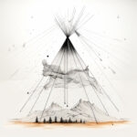 Abstrakte Linienzeichnung: Pyramide mit Berglandschaft, Bäumen und strahlenden Linien | Abstract line drawing: pyramid with mountain landscape, trees and radiating lines