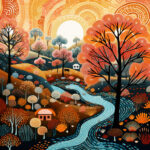 Folkloristische Herbstlandschaft mit gewundenem Fluss, bunten Bäumen und großer Sonne | Folkloric autumn landscape with winding river, colorful trees and large sun
