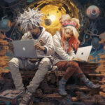 Zwei Figuren mit Laptops in surrealer Cyberpunk-Welt, digitale Illustration | Two figures with laptops in surreal cyberpunk world, digital illustration