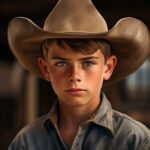 Junge mit braunem Cowboyhut und Jeanshemd, ernster Blick, Sommersprossen | Boy wearing brown cowboy hat and denim shirt, serious expression, freckles