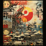 Surreales Gemälde mit roter Sonne, Wellen, Masken und fernöstlichen Symbolen | Surreal painting with red sun, waves, masks and Far Eastern symbols
