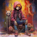 Anime-Figur mit Hundegesicht, rosa Hoodie, neben weißer Katze, Graffiti-Hintergrund | Anime dog-faced figure in pink hoodie sitting beside white cat, colorful graffiti background