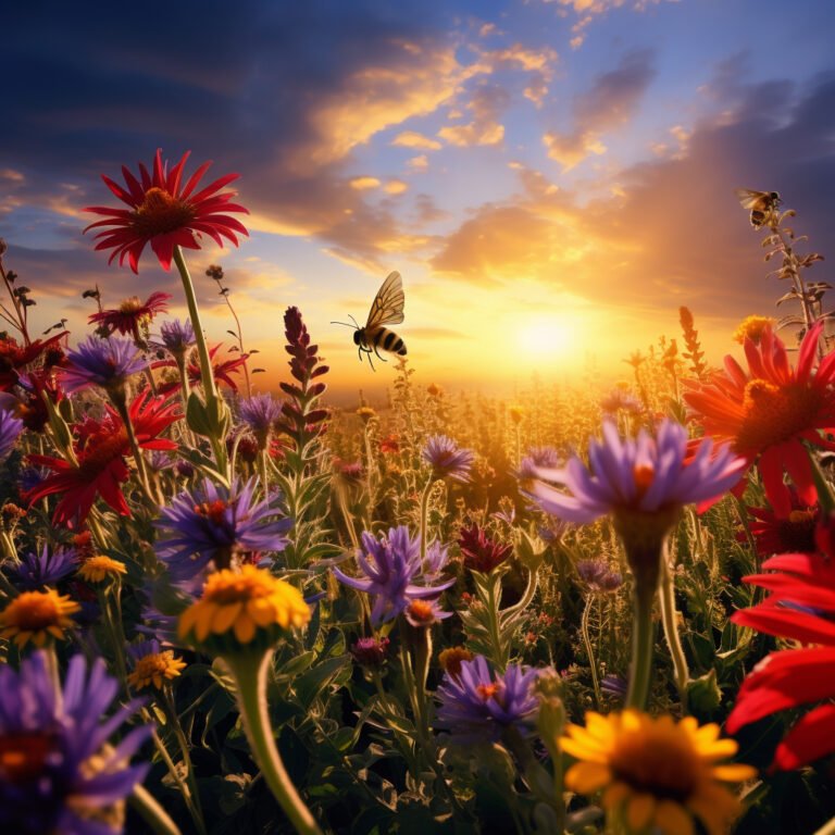 Das Gras ist voll von bunten Blumen, wie rote Rosen, gelbe Sonnenblumen, blaue Hyazinthen und so weiter, die duftenden Duft verstroemen und Bienen und Schmetterlinge zum Fliegen anziehen