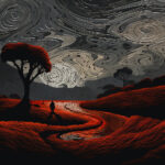 Einsame Silhouette auf gewundenem Pfad, rote Felder, Van-Gogh-Wirbelhimmel | Lone silhouette on winding path, red fields, Van Gogh-style swirling sky