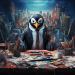 Anthropomorpher Pinguin im Anzug an farbverschmiertem Künstlertisch, Stadtpanorama im Hintergrund | Anthropomorphic penguin in suit at paint-splattered artist's desk, city skyline in background