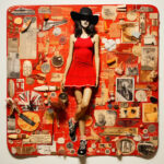 Collage: Frau in rotem Kleid und schwarzem Hut auf rotem Hintergrund mit Objekten | Collage: woman in red dress and black hat on red background surrounded by objects
