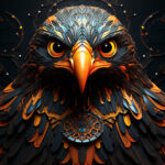 Steampunk-Adler mit orangem Schnabel, goldenen Augen und Zahnrad-Amulett, 3D-Digital | Steampunk eagle with orange beak, golden eyes and gear amulet, 3D digital art