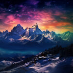 Schneebedeckte Alpengipfel unter leuchtendem Sternenhimmel in Pink, Orange und Grün | Snow-capped alpine peaks beneath a vivid starry sky in pink, orange and green hues