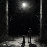 Kind und Hund blicken nachts auf strahlenden Mond, Tuschezeichnung | Child and dog gazing at radiant moon at night, ink drawing