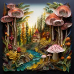 Märchenwald in Quilling-Technik: Riesenpilze, Häuschen, Bäume aus gerolltem Papier | Fairy tale forest in quilling: giant mushrooms, cottage, trees made of rolled paper strips