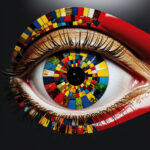 Nahaufnahme eines Auges mit bunter Mosaik-Iris in Rot, Gelb und Blau | Close-up of an eye with colorful mosaic iris in red, yellow and blue